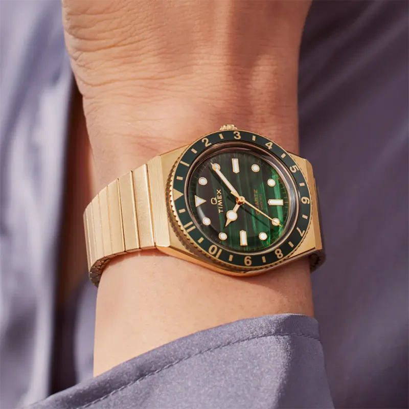 Timex Q 36mm Gold-Tone Green Malachite Dial Watch- TW2V92200